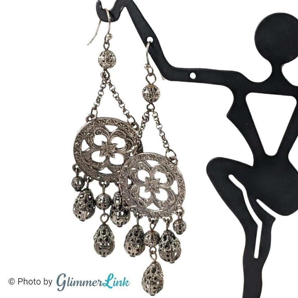 Silver Tone Filigree Chandelier Dangle Earrings Floral Boho